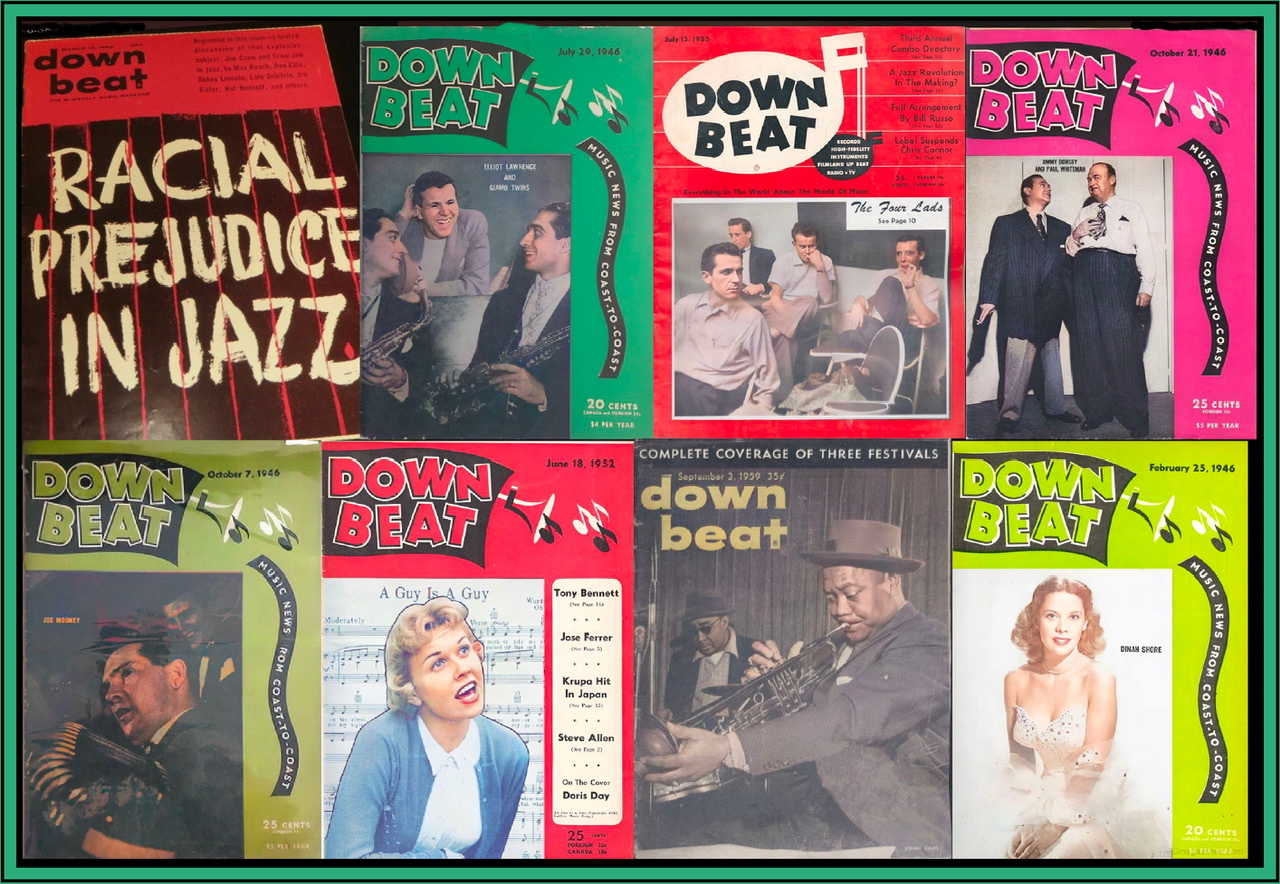 A framed composite of eight DownBeat magazine covers where the black and white photographs on their covers have been enhanced and colorized.  The cover in the upper left corner has the large words "Racial Prejudice in Jazz" displayed boldly.