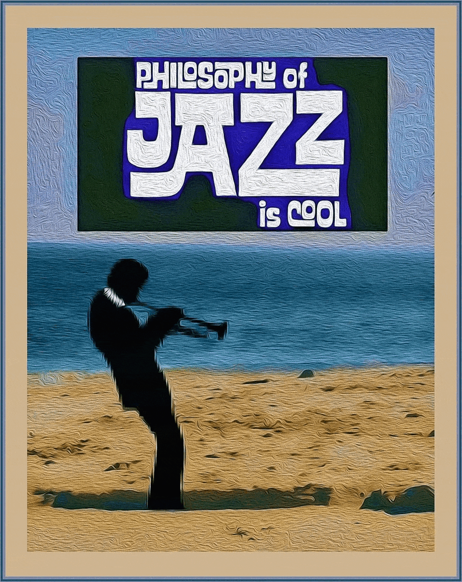 An animated gif that alternates between two color graphics of a saxophone player on a beach with the second image in different colors and with a lightning strike hitting near the saxophonist.  The opening graphic has the wording "Philosophy of Jazz is Cool" which changes in the second graphic with the word "cool" crossed out and overwritten by the red word "hot."