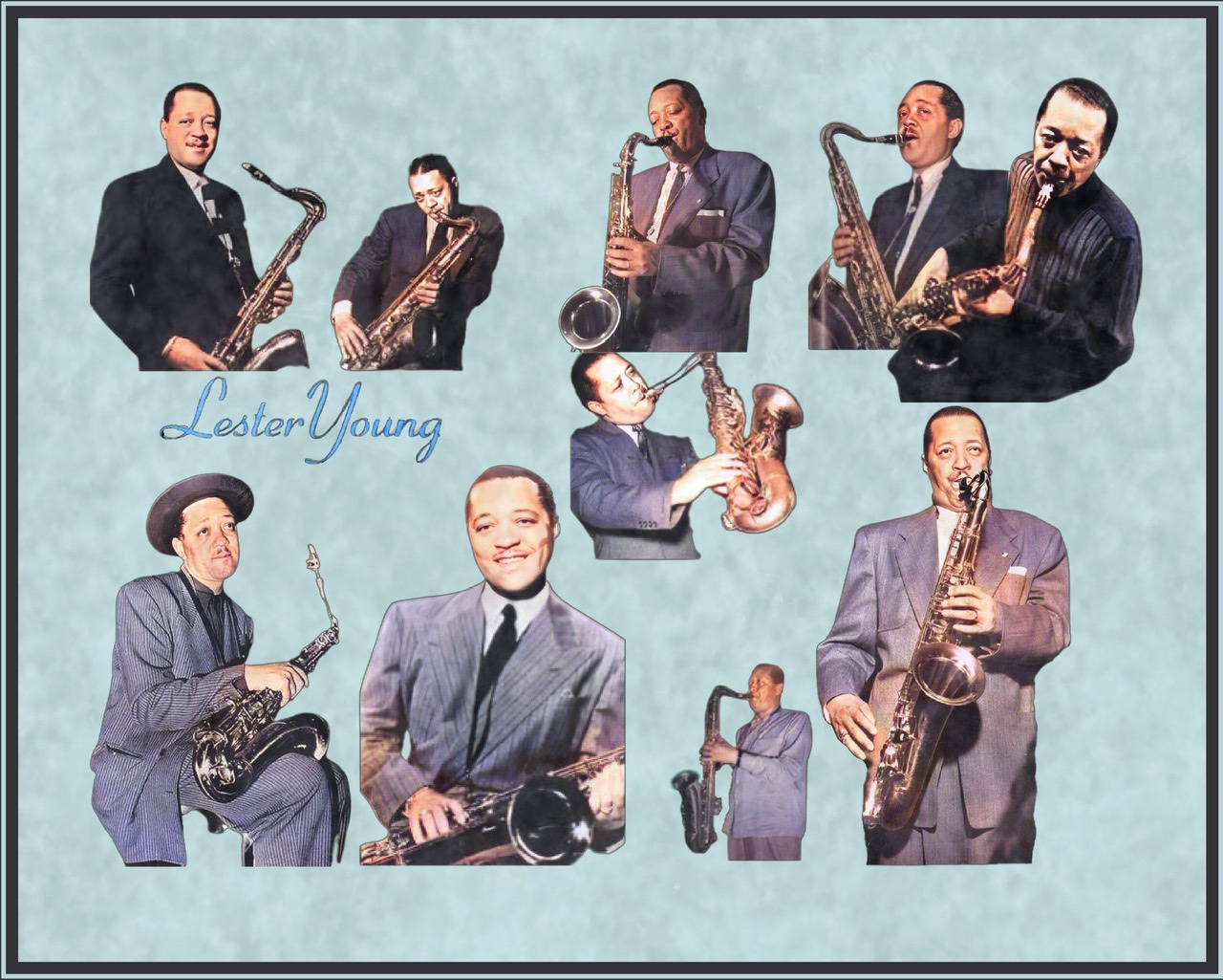 A framed composite of ten colorized photographic cutouts of Lester Young on a gray green background.