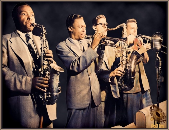 A black and white photograph by Herman Leonard now colorized of from left to right Charlie Parker, Miles Davis, Allen Eager, and Kai Winding respectively playing the alto saxophone, trumpet with mute, tenor saxophone, and trombone.