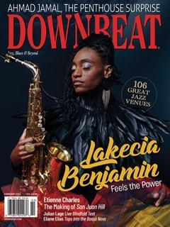 A color photograph of Lakecia Benjamin on the cover of DownBeat magazine from February 2023.