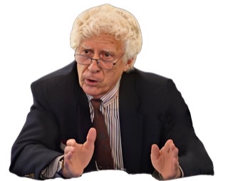 An enhanced color photograph of Nicholas Wolterstorff wearing frameless glasses and speaking while seated while gesticulating with raised hands.