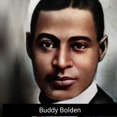 A live portrait (it moves) of a cartoon head of Buddy Bolden.