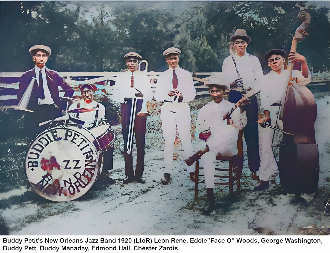 An enhanced and colorized photograph of the Buddie Petit band including his bass player on far right.  Petit is in center of picture holding his cornet.