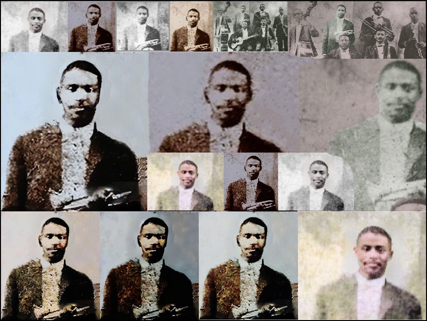 A composite of sixteen mostly colorized photos of Buddy Bolden's head and torso in a very thin black frame.