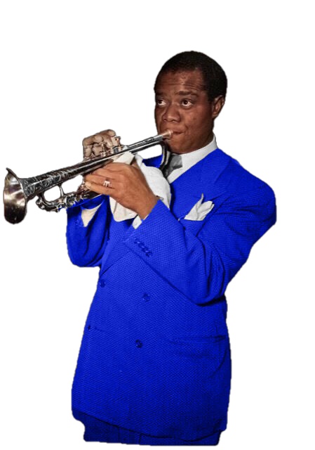 A colorized cutout photograph of Louis Armstrong wearing a bright blue jacket photographed by Robert P. Gottlieb between 1938 and 1948.