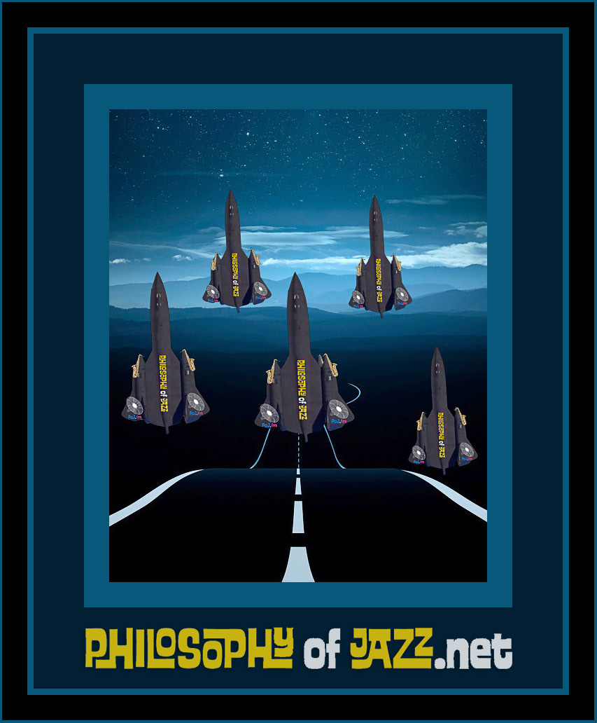 A framed color graphic of five SR71 Blackbird spy planes flying upward in formation with a saxophone at the front of each side of the wings and PoJ.fm logos at each side of the rear wings and the words "Philosophy of Jazz" written down the fuselage flying over a graphic of a road going down a hill on a black background.