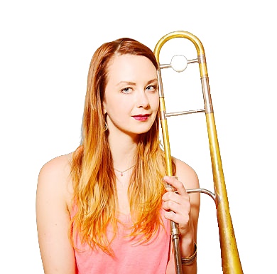 A transparent color photographic cutout of Natalie Cressman holding her trombone vertical in her left hand.