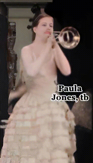 An enhanced, colorized, and animated screenshot detail of trombonist Paula Jones playing her instrument from the short film "The Band Beautiful."