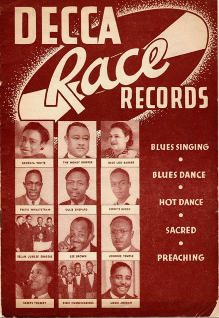 A commercial flyer poster for Decca Race Records with photographs of labelled with the name headshots of the musical stars.