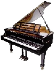 A cutout of a black grand piano with lid propped open.