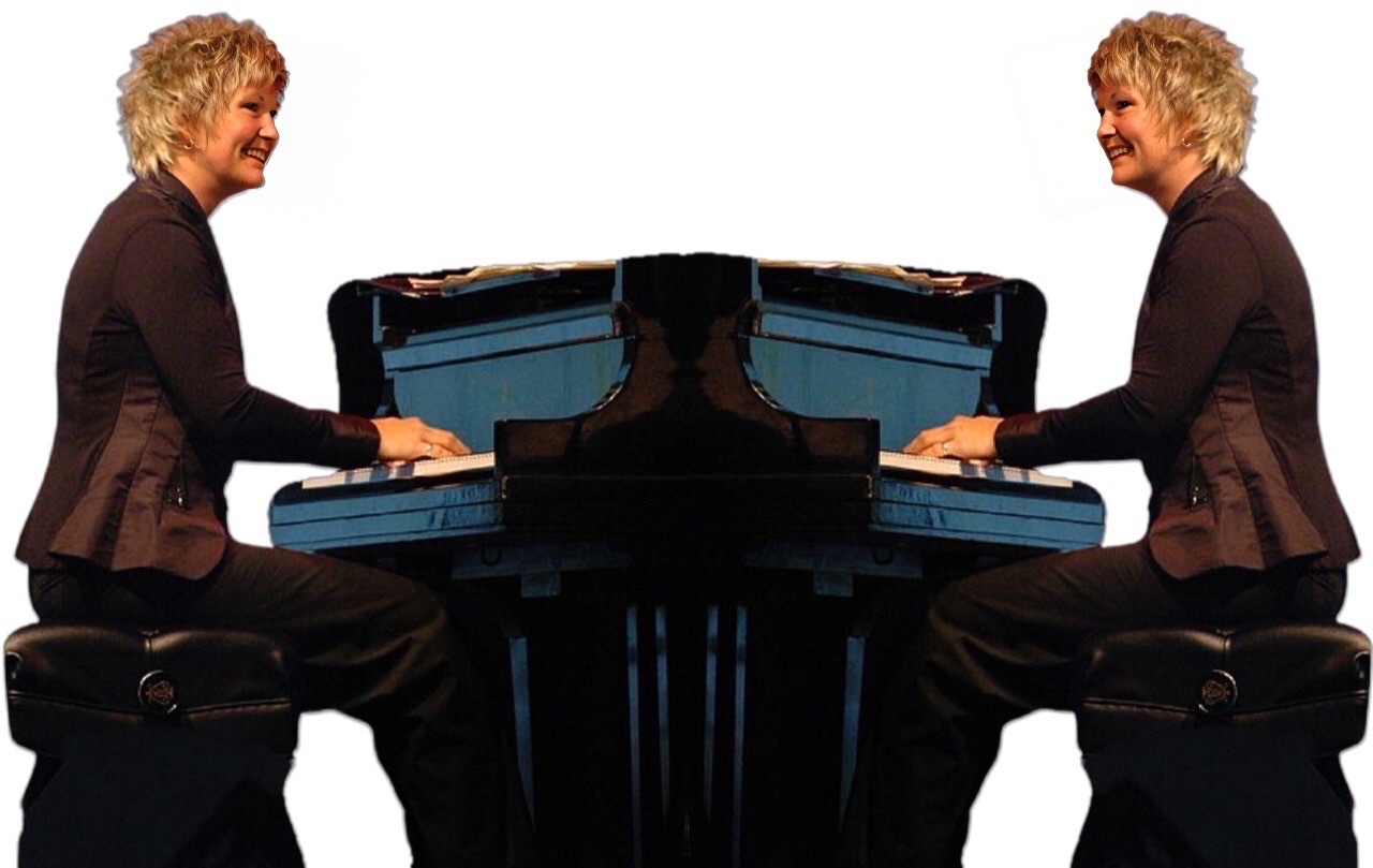A color photographic cutout of mirror facing images of Dena DeRise playing at the piano and smiling with short blonde bob haircut.
