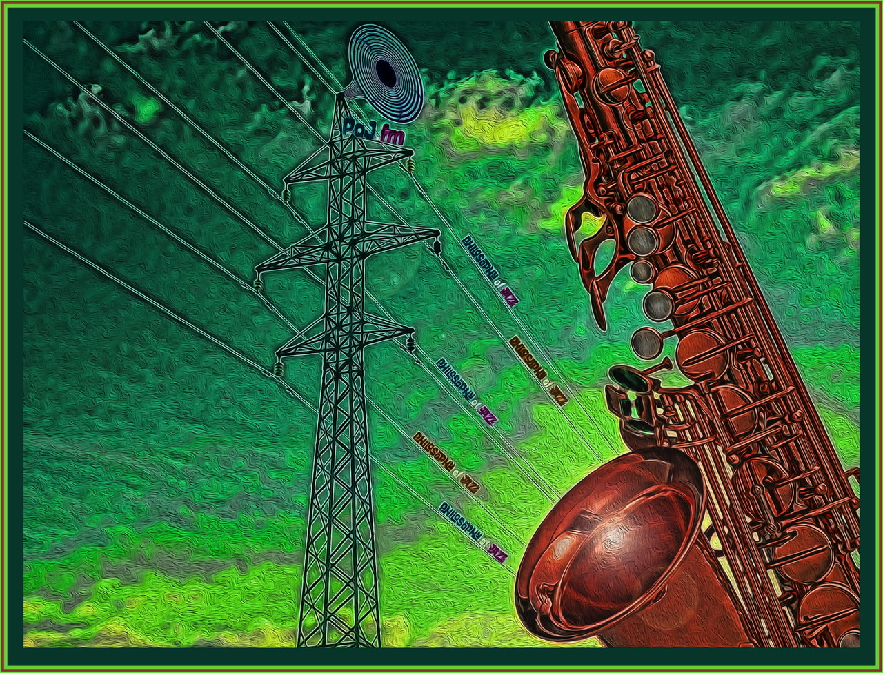 A framed graphic of a black electrical transmission tower with a PoJ.fm logo on top of tower with wires leading off both sides and PoJ.fm logos sitting on alternate wires in the right side where a partial picture of a gigantic reddish brown saxophone looms and the entire graphic has painterly textures of various green colors.