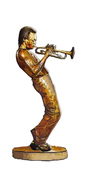 A drawing in color of Miles Davis facing to viewer's right playing trumpet with an S shaped body posture.