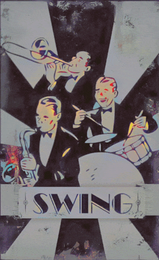 An animated .gif file of the drummer in a swing jazz trio with PoJ.fm logos added.