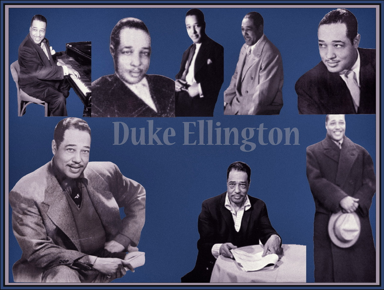 A composit of seven Duke Elllington photographic cutouts on dark blue background with his name centered.