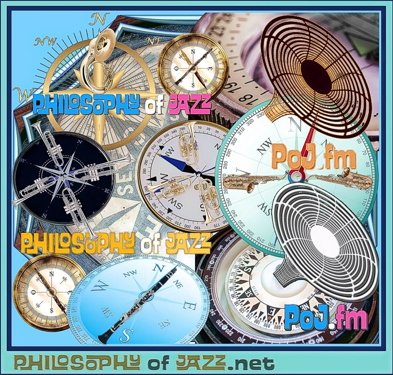 A composite of many different magnetic compasses with musical instruments on them and PoJ.fm logos.