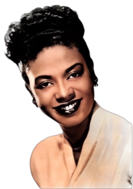 A colorized black and white photograph of a headshot of Hazel Scott wearing small earrings and dark lipstick 💄.