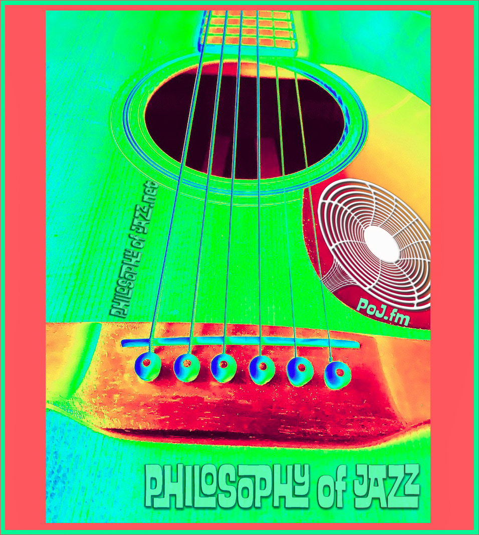 A framed graphic of a closeup of a guitar viewed from bottom up along neck colored with swaths of psychedelic neon greens, reds, and yellows and PoJ.fm logos.