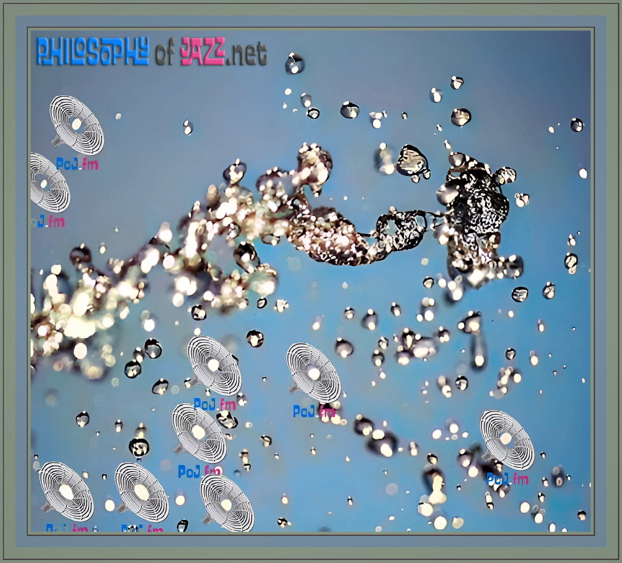 An enhanced and colorized photograph of water droplets diagonally projected across space from lower left to upper right string in center of screen with PoJ.fm logos being droplets and flowing with the water projections.