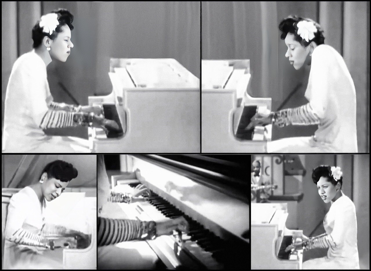 A composite of six black and white screen captures of Dorothy Donegan in a flowing white dress seated and playing the piano.