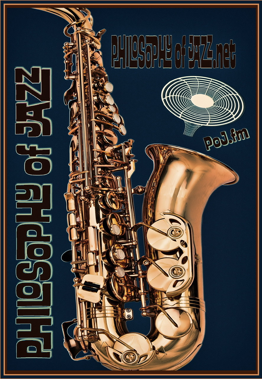 A graphic of a giant coppery colored saxophone on a blackish background with PoJ.fm logos and framed.