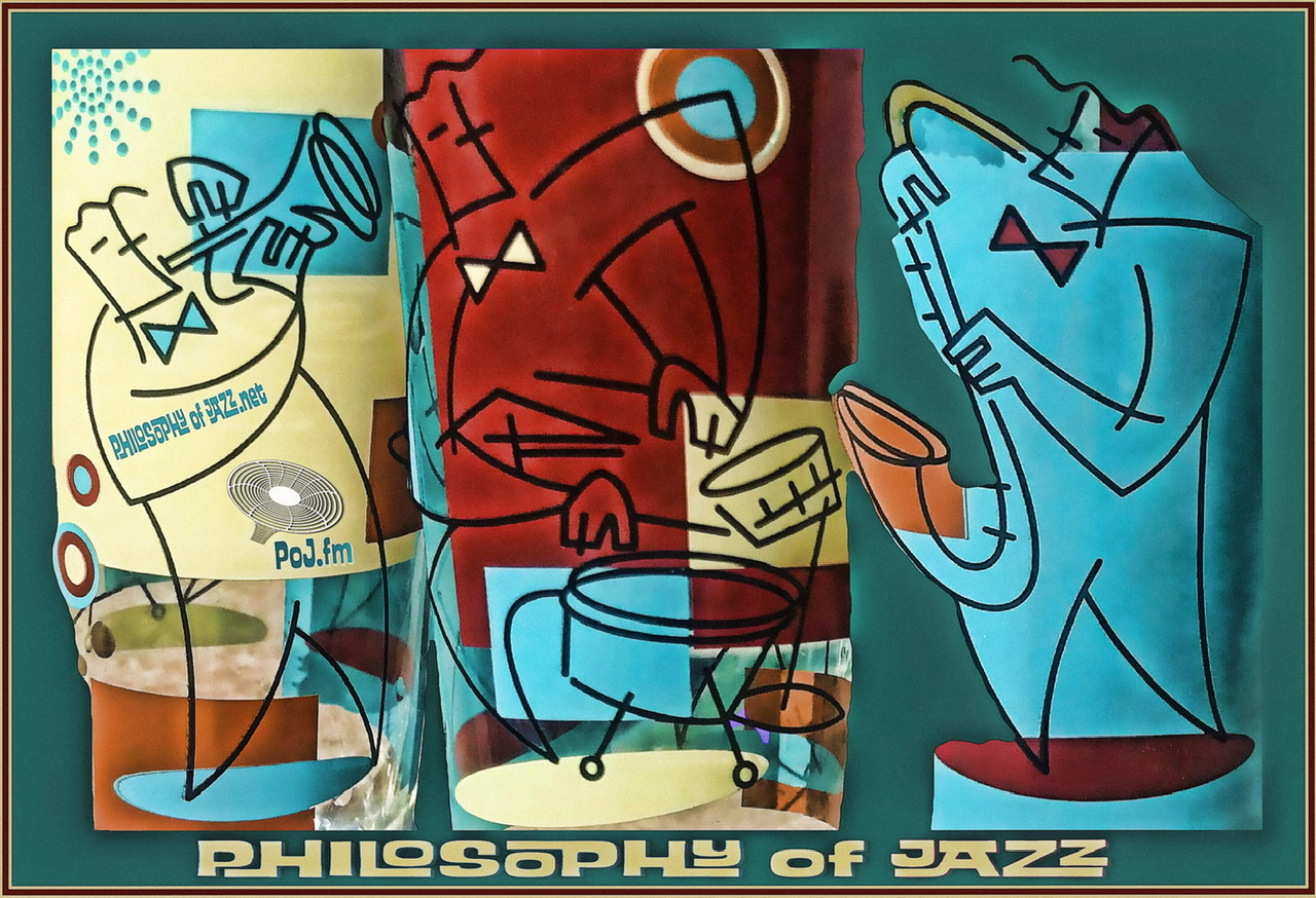 A framed color photograph of three different sides to the same tall drinking glass of art deco style cartoon jazz musicians playing respectively the trumpet, drums, and saxophone on a dark blue background.