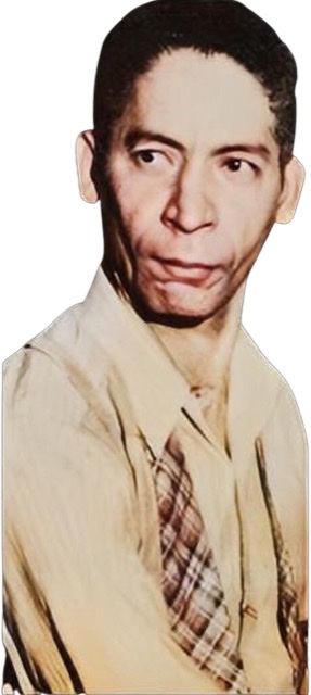 A colorized photographic cutout of a middle aged Jelly Roll Morton with his tie untied and draped around his neck on an open collar and suspenders.