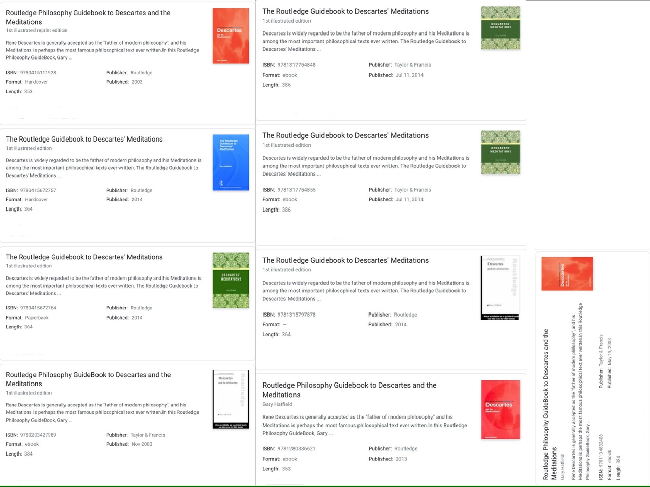 A composite of nine book covers and ISBN numbers for The Routledge Guide to Descartes' Meditations by Gary Hatfield.