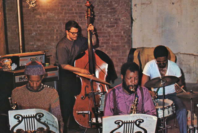 on Cherry, Charlie Haden, Ornette Coleman, and Ed Blackwell in rehearsal in 1969.