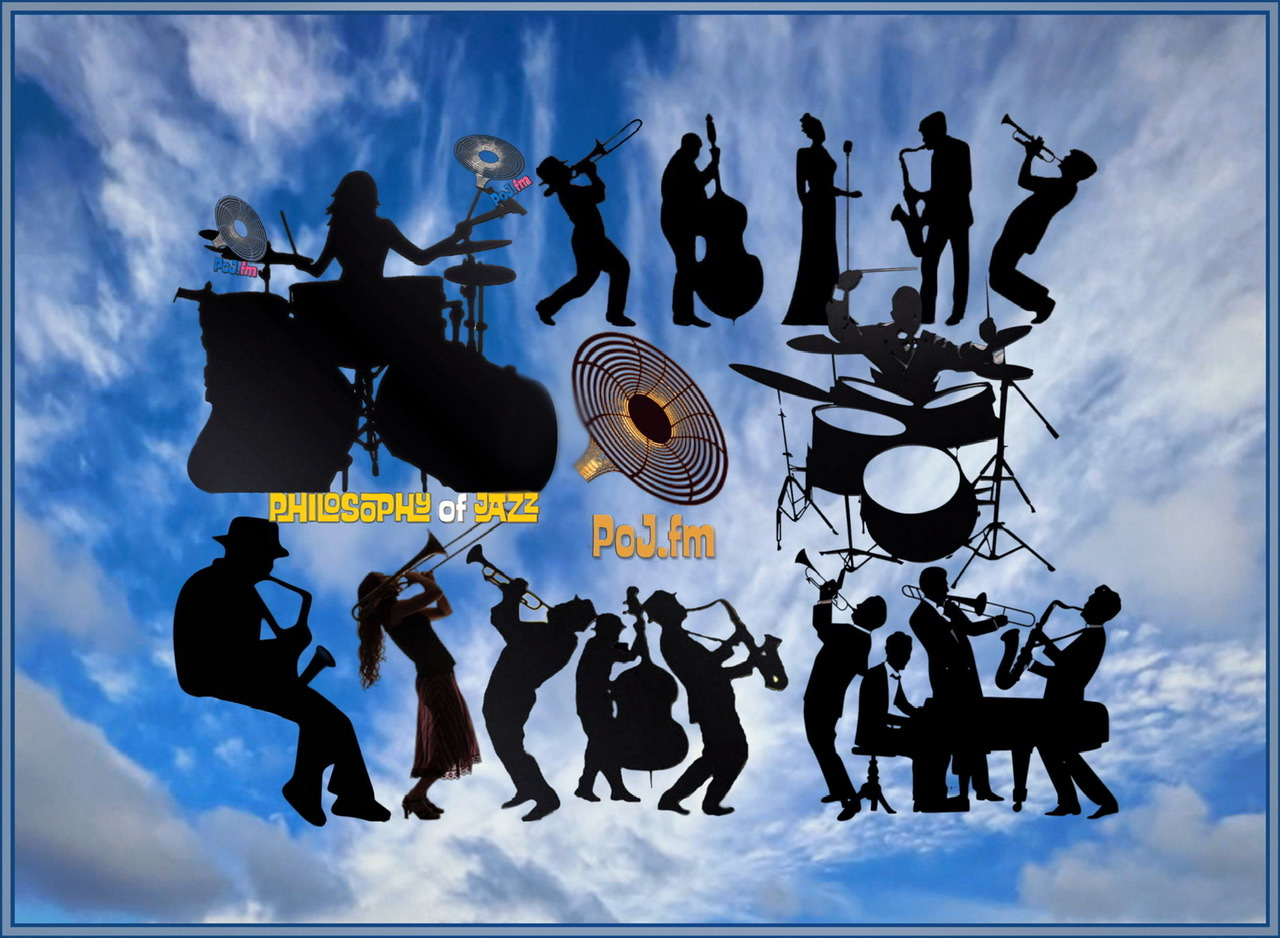 Sixteen black silhouette cutouts of jazz musicians of both genders playing musical instruments agaibdt a sky blue background with white clouds and PoJ.fm logos.