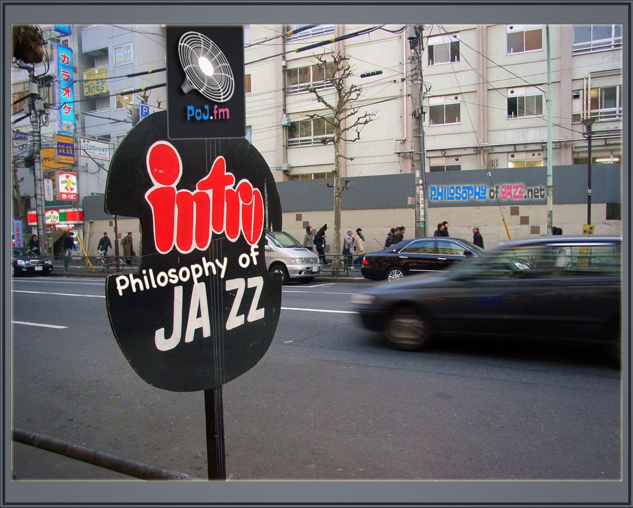 A colored photograph of a metal street sign with the words "Intro" and "Philosophy of Jazz" with PoJ.fm logos.