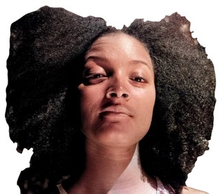 A colorized black and white photograph headshot of Nubya Garcia looking straight at viewer wearing a large Afro haircut bent on left and right sides at center of her head.