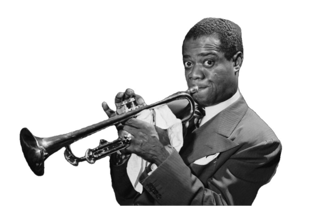 Louis Armstrong cutout black and white photograph facing left and blowing hard on trumpet while holding a large white handkerchief.