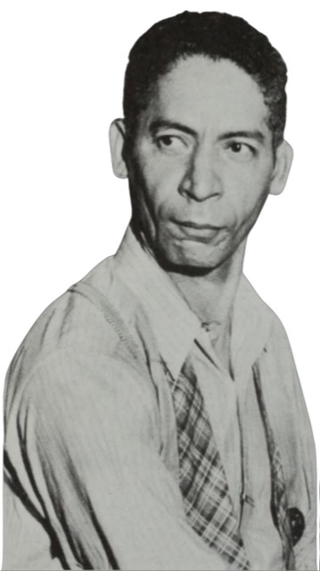 A black and white photographic cutout of a middle aged Jelly Roll Morton with his tie untied and draped around his neck on an open collar and suspenders.