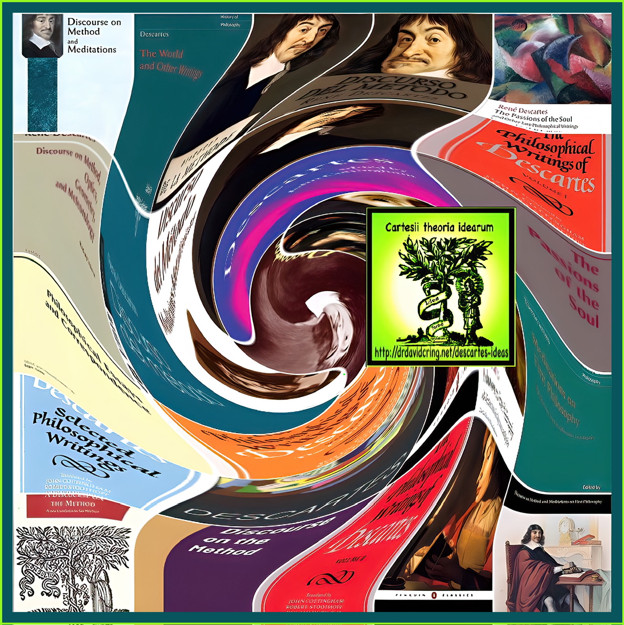 A framed graphic of writings of Descartes book covers swirling with Descartes image upside down centered with the DTOI website logo iof a neon lime green square with an engraved tree surrounded in a scroll with the Latin words Cartesii theoria idearum translated as "Descartes's theory of ideas" and the website's URL centered at the bottom: http://drdavidcring.net/descartes-ideas.