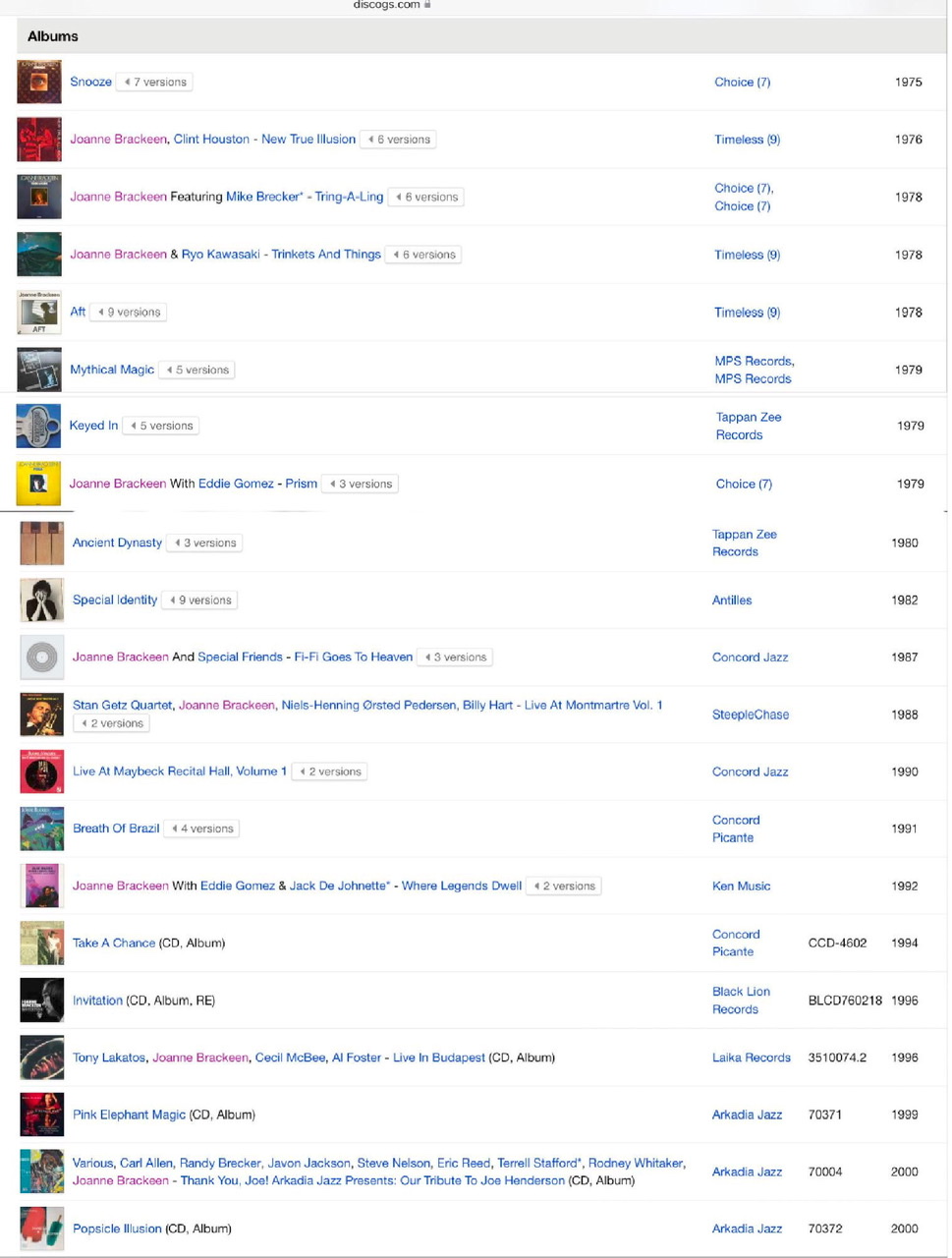 A color graphic of twenty-one album covers of the music of Joanne Brackeen with titles and dates of release from discogs.com.