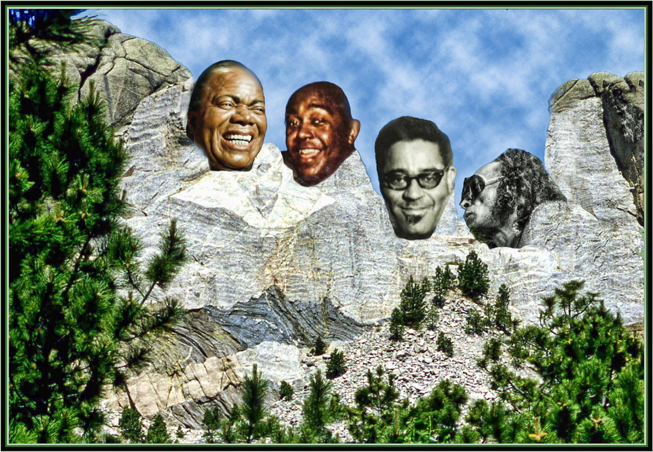 A framed color photograph of Mount Rushmore with the President's heads replaced by the heads of Louis Armstrong, Charlie Parker, Dizzy Gillespie, and Miles Davis in color.