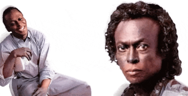 A colorized diptych of a young man Miles Davis in white shirt sitting on a chair on the left side with an older Miles Davis with curly long hair on right side.