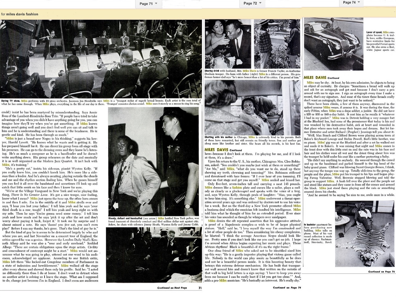 Pages 71, 74, 76 of the article in the January 1961 Ebony magazine of "Miles Davis: Evil Genius of Jazz."