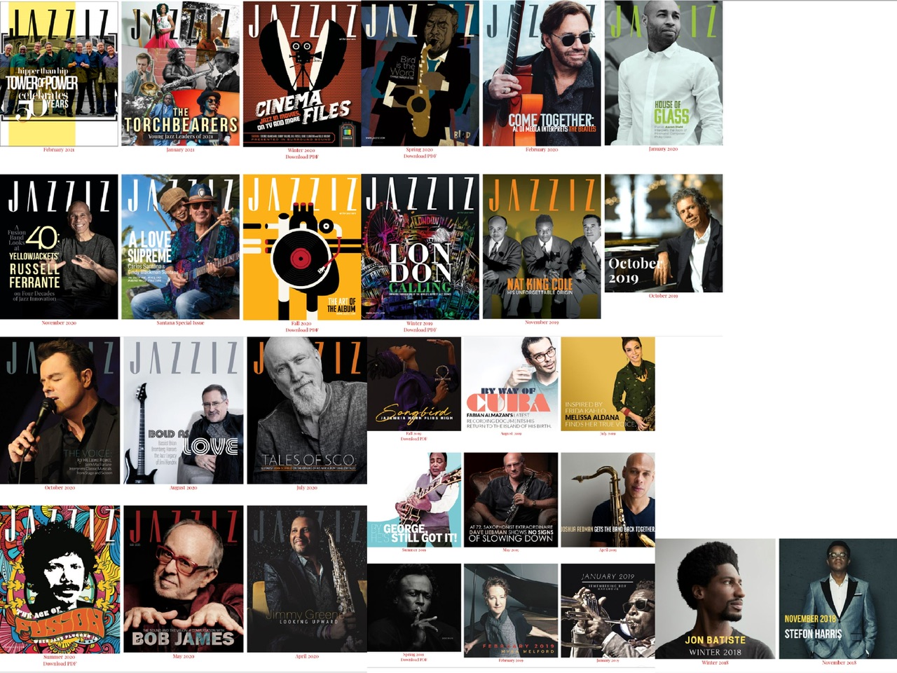 A composite of twenty-nine Jazziz magazine covers in color.