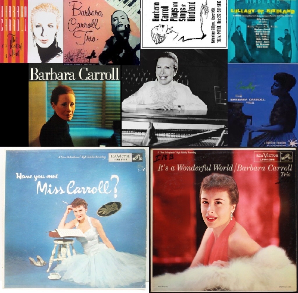 A composite of eight album covers of Barbara Carroll surrounding a picture of herself sitting at a piano.