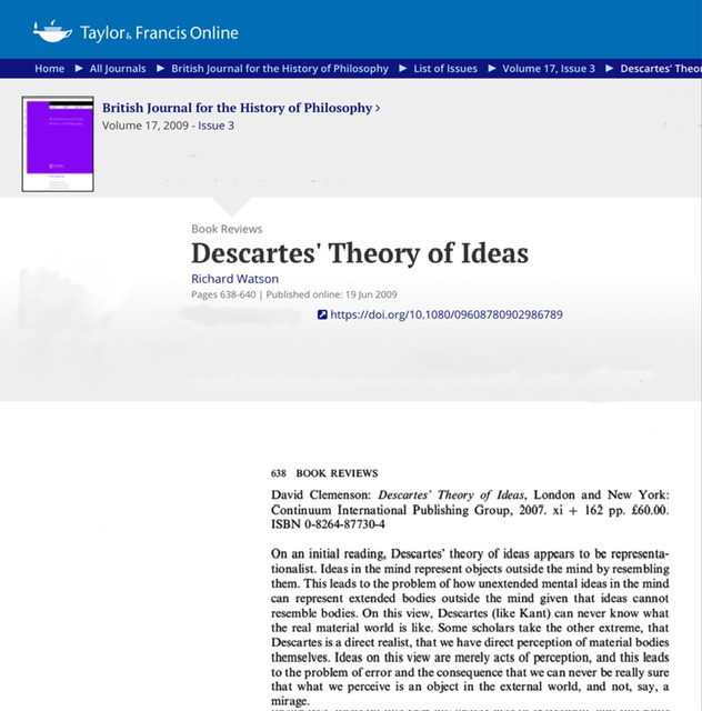 A screen capture of Richard Watson's review of David Clemenson's book, Descartes' Theory of Ideas.