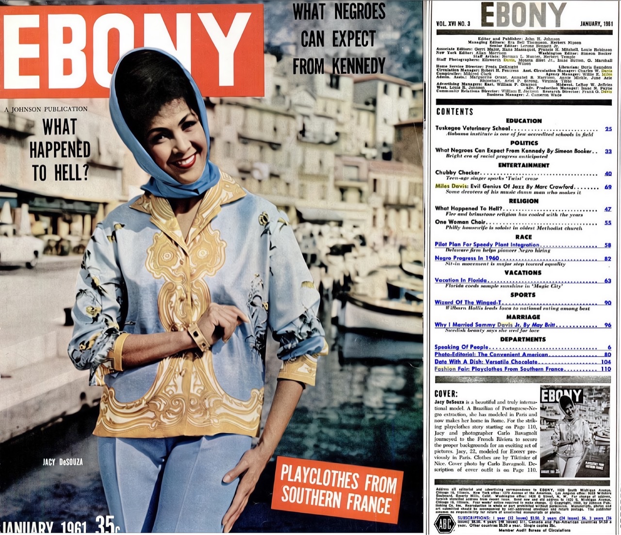 The cover of Ebony magazine from January 1961 of an Afro-American women standing and smiling wearing a blue jump suit and matching blue head scarf with Southern France with boats in the background on the left side and the table of contents on the right side.
