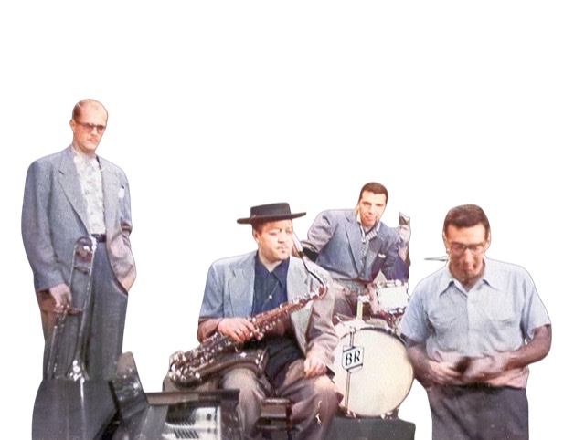 A cutout colorized photograph of the Lester Young quartet.