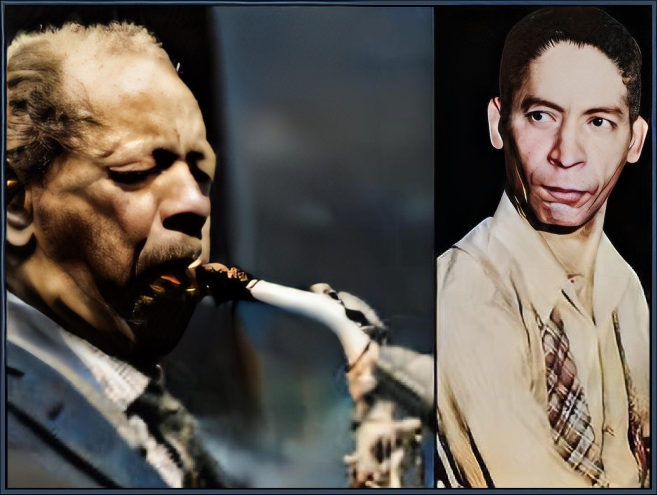 A diptych of Ornette Coleman playing his saxophone on left with Jelly Roll Morton with a querulous look on right staring back at Coleman on left in a colorized photo.