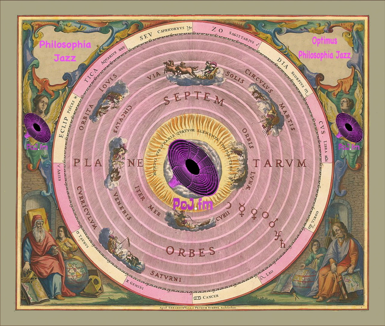 A framed colorful graphic of a 17th century astrological circular diagram with PoJ.fm logos.