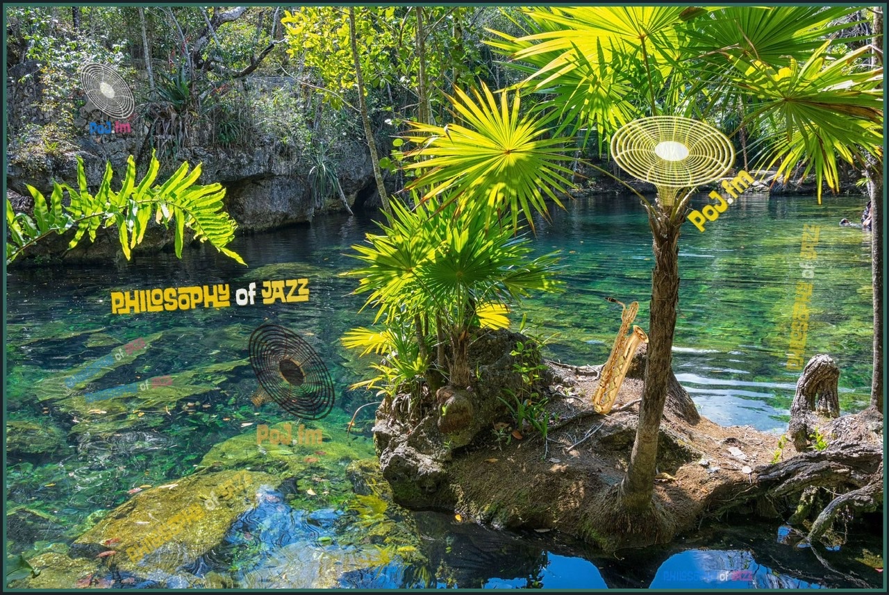 A color photograph of a jungle river closeup with PoJ.fm logos under the river and all over the image.