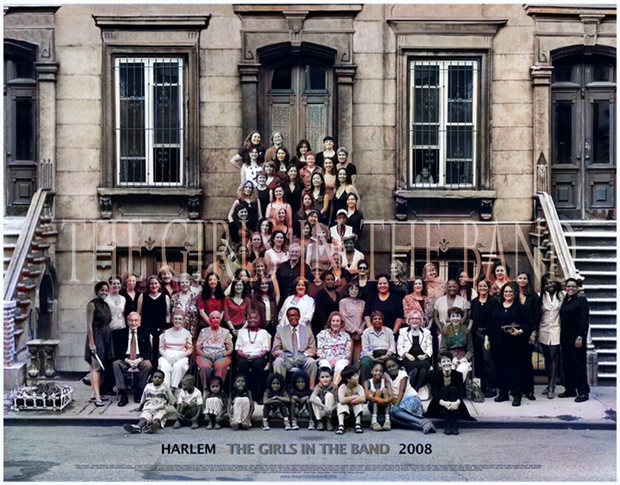 A colorized version of the Harlem stairsteps photograph of "The Girls in the Band."