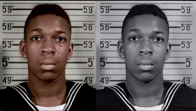 Two identical photographs of a young man John Coltrane in the Navy with the left picture in color and the right one in black and white.